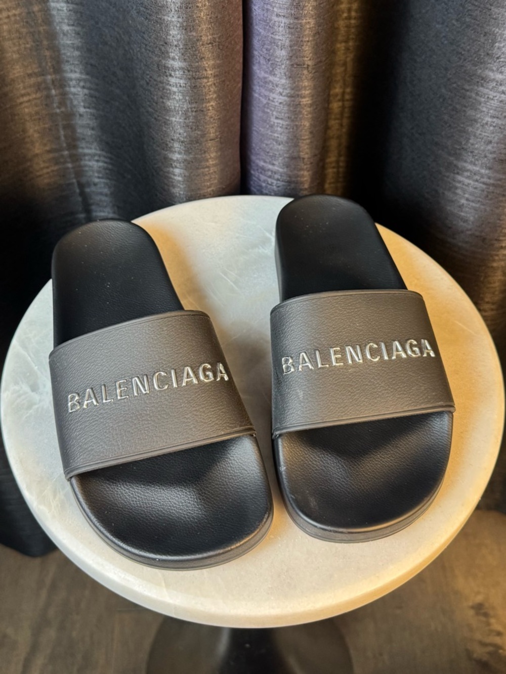 Authentic Balenciaga Pool Slides Black Chrome Logo